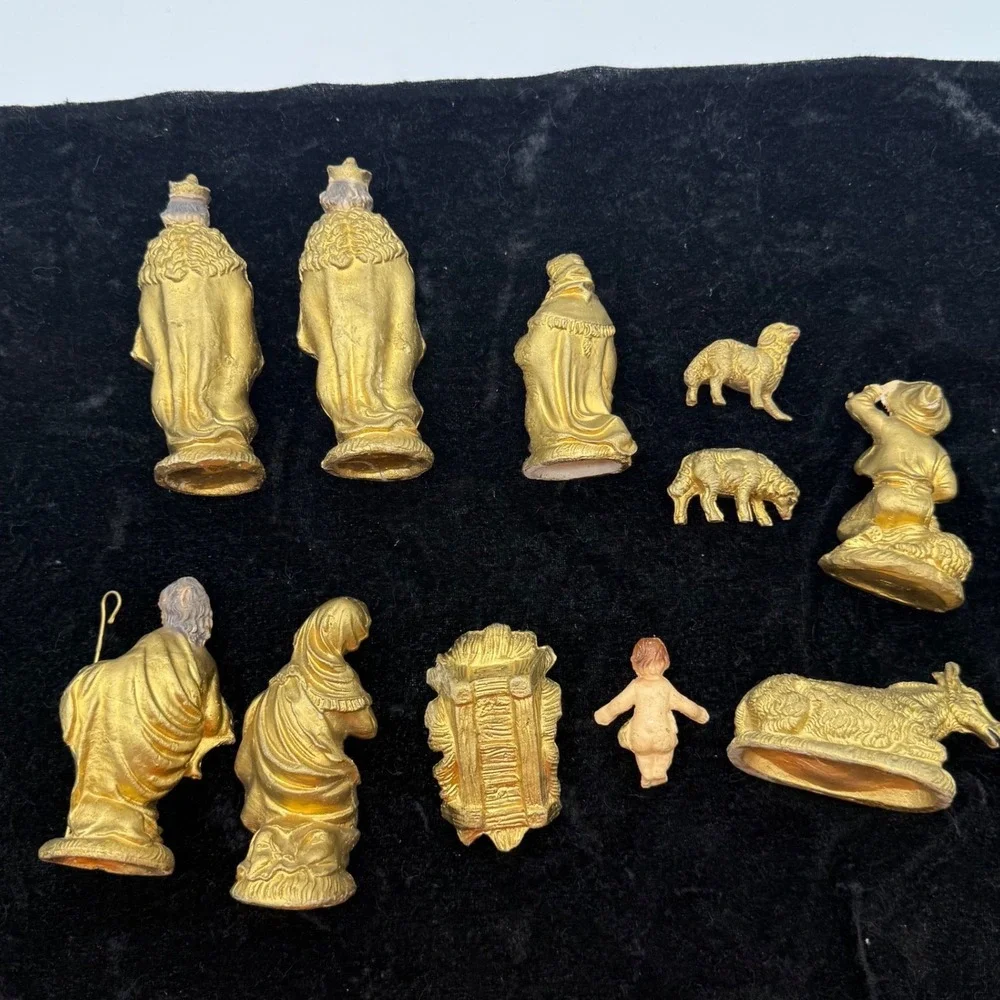 Vintage Gold Nativity Set 11 Piece Made in Italy hand painted Christmas MCM art